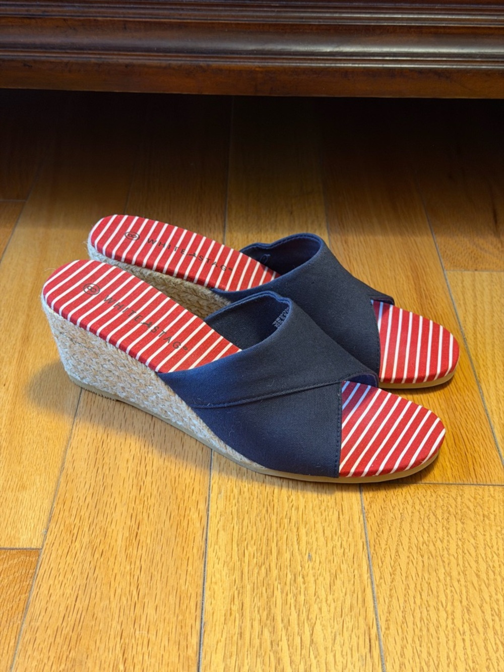 White Stag Navy Wedge Slide Sandals with Red-White Striped Footbed